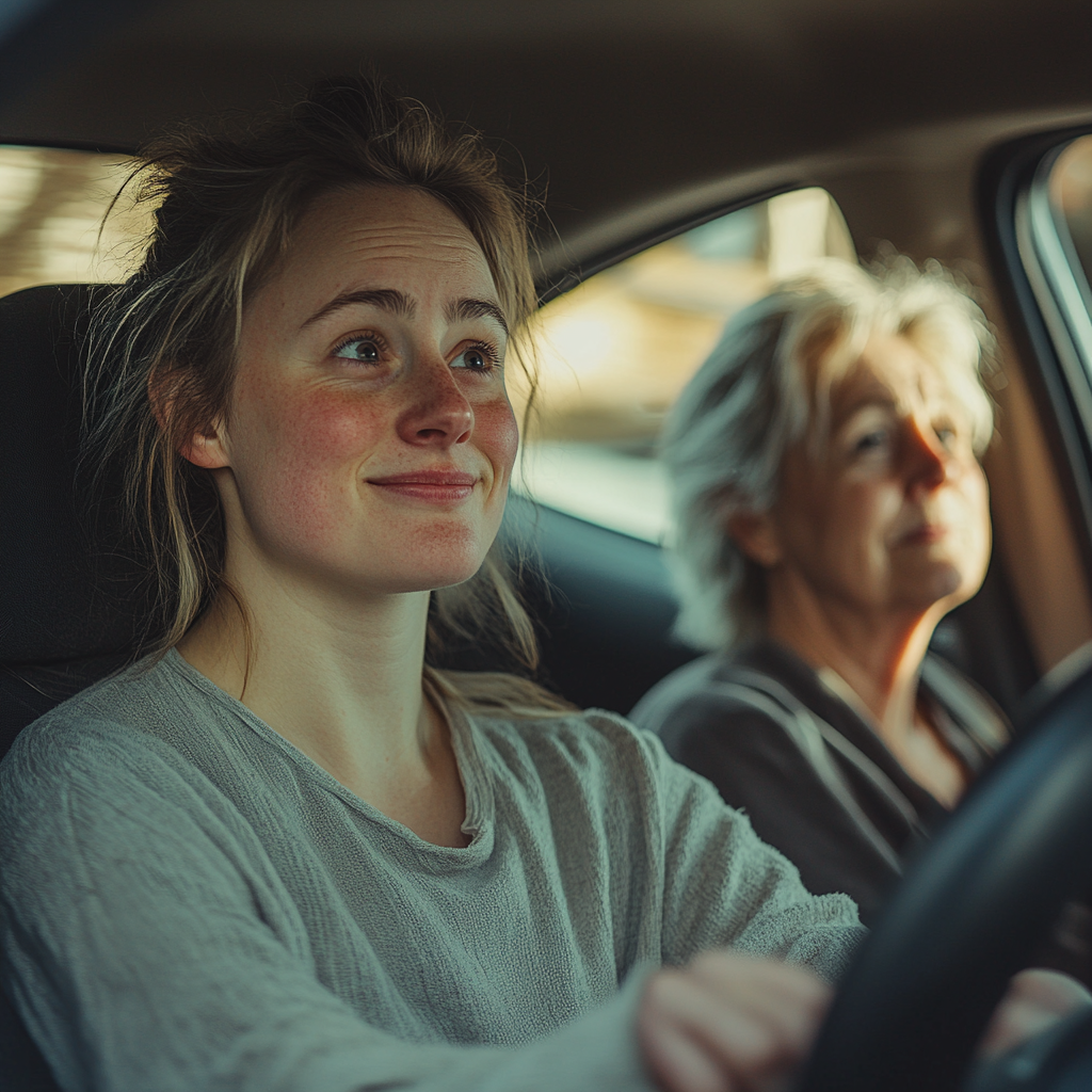 Mujer conduciendo un auto con su suegra al lado | Fuente: Midjourney