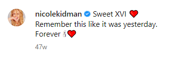 "Dulces XVI ❤️ Recuerdo esto como si fuera ayer. Por siempre 🕯️❤️" | Captura de pantalla del pie de foto que Nicole Kidman publicó con su homenaje de aniversario a su esposo Keith Urban publicado en Instagram el 25 de junio de 2022. | Foto: Instagram.com/@nicolekidman