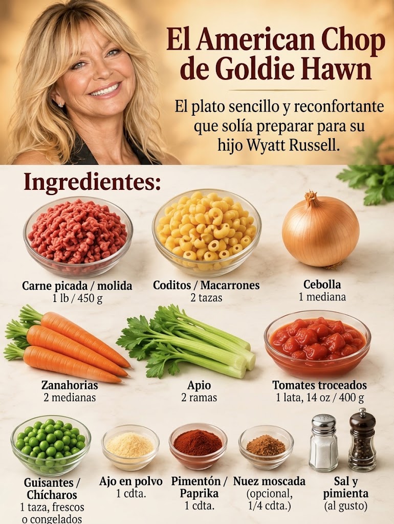 Esta receta favorita de la familia de Goldie Hawn lleva ingredientes de uso diario, como carne molida, macarrones, tomates y verduras. El ajo en polvo, el pimentón y una pizca de nuez moscada le dan sabor sin necesidad de una salsa complicada. | Fuente: Ilustración generada por IA.