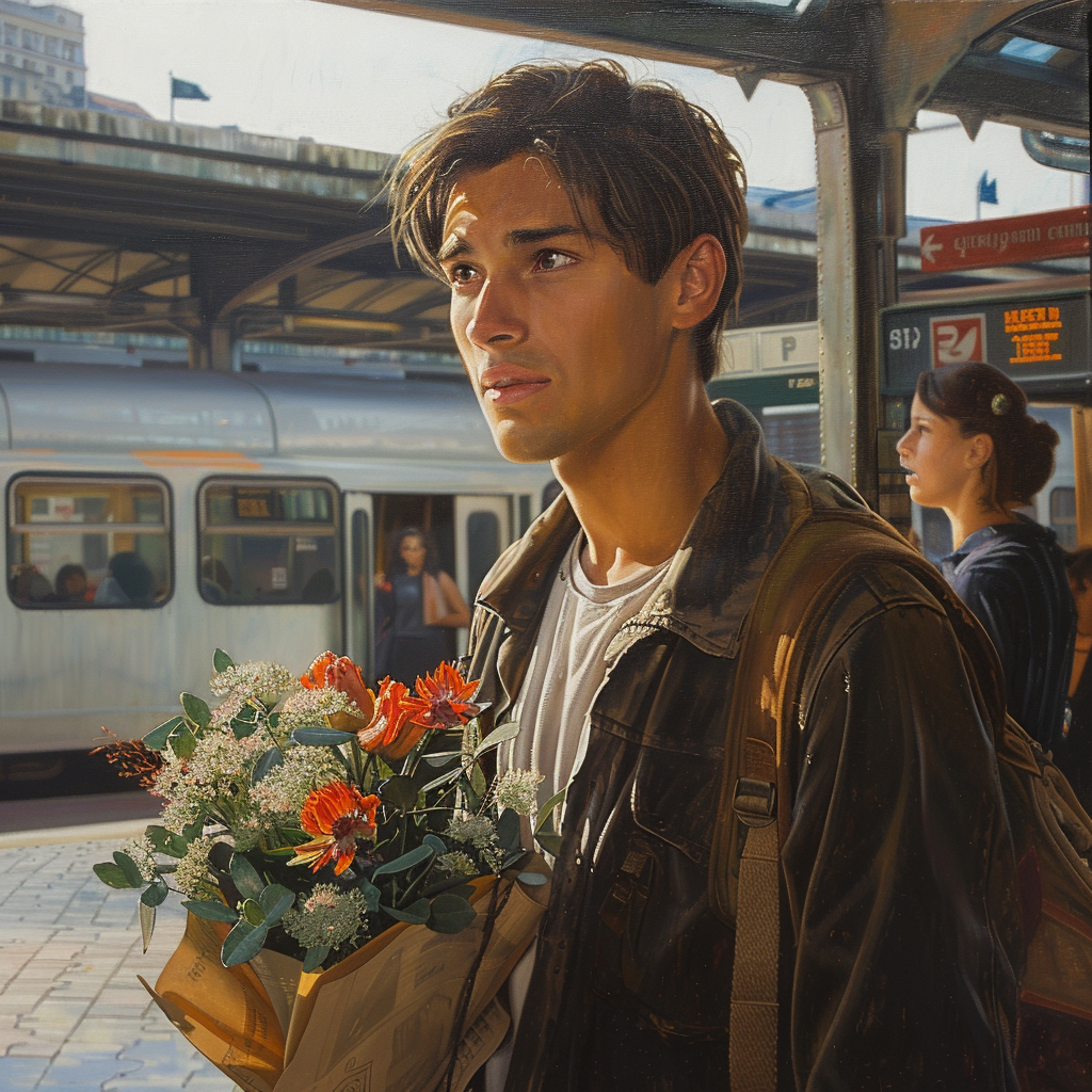 Un joven sorprendido llevando un ramo de flores | Fuente: Midjourney