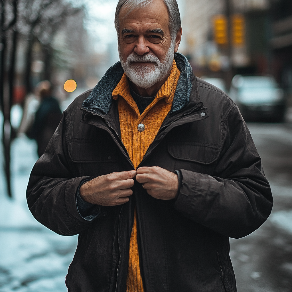 Un anciano se desabrocha la chaqueta mientras hace frío en el exterior | Fuente: Midjourney