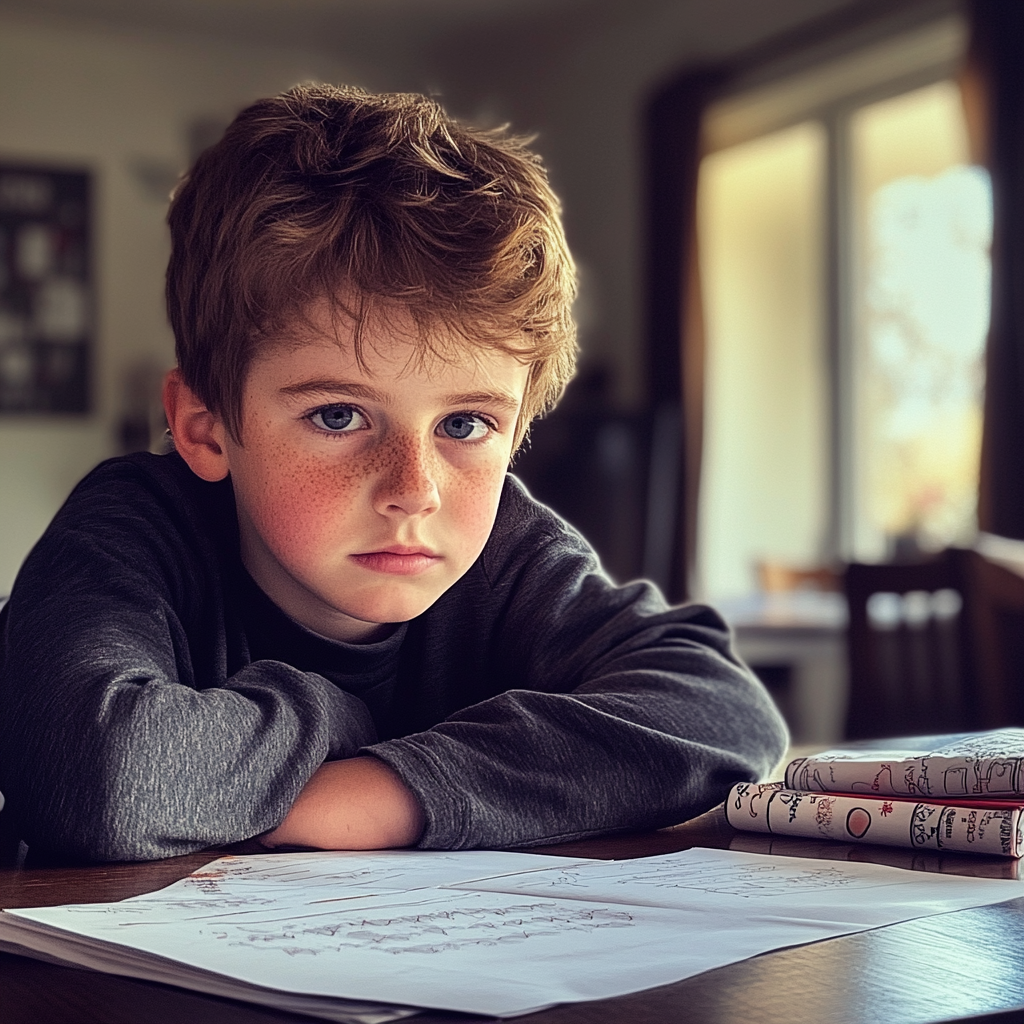 Un niño sentado con los brazos cruzados | Fuente: Midjourney