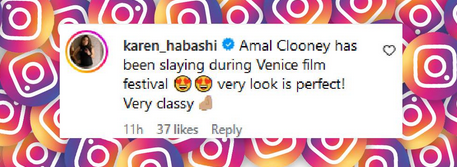 Un fan comenta el estilo de Amal Clooney en el Festival de Cine de Venecia, de una presentación de fotos de Instagram, fechada el 2 de septiembre de 2024 | Fuente: Instagram/justjared/