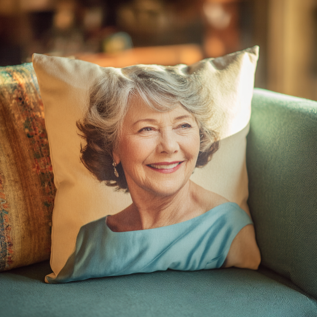 Una almohada personalizada con la foto impresa de una mujer mayor | Fuente: Midjourney