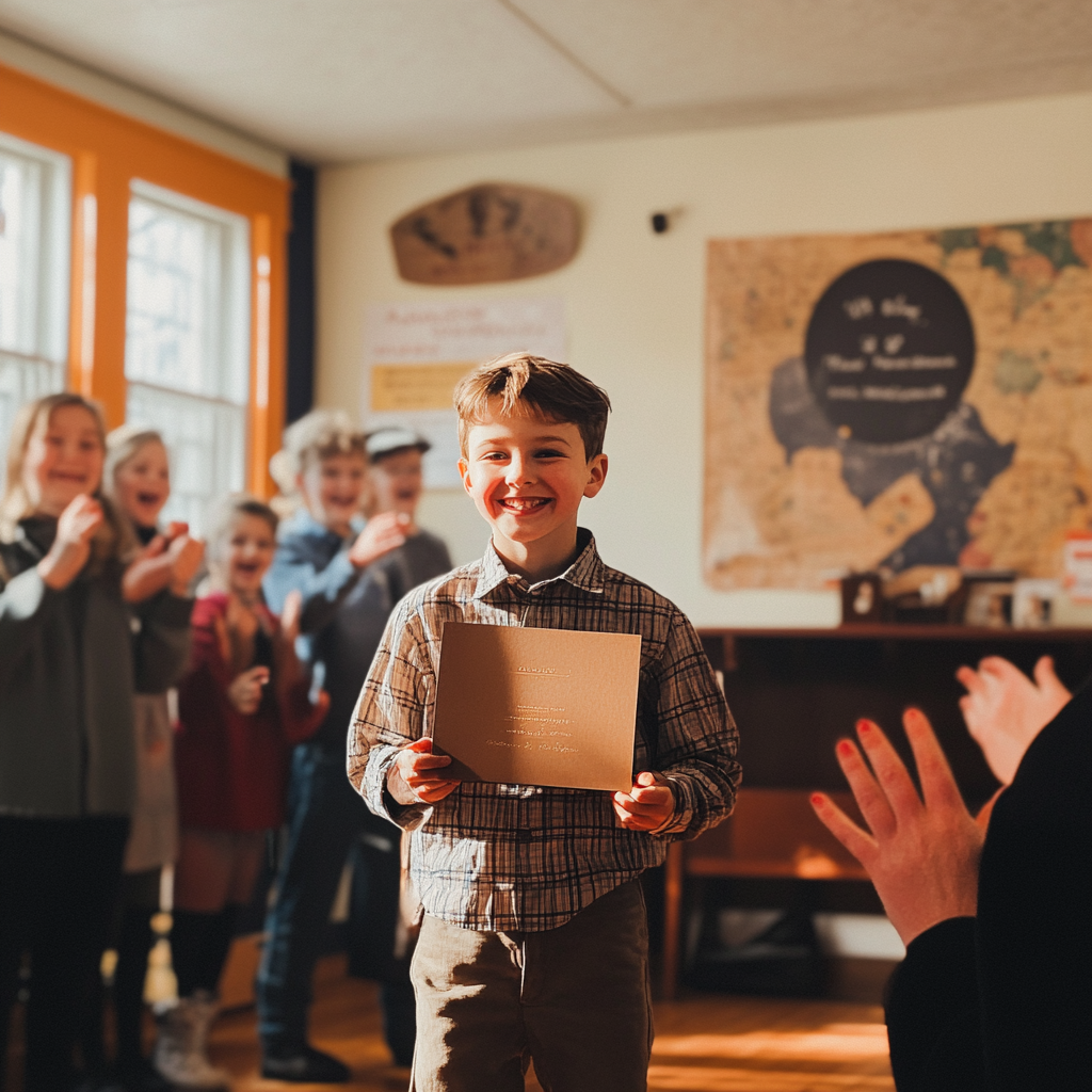 Niño recibiendo un premio en la escuela | Fuente: Midjourney