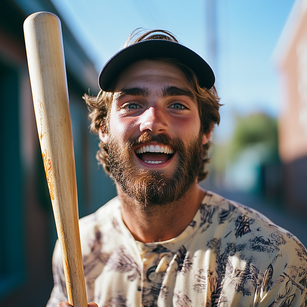 Un hombre sujetando un bate de béisbol | Fuente: Midjourney