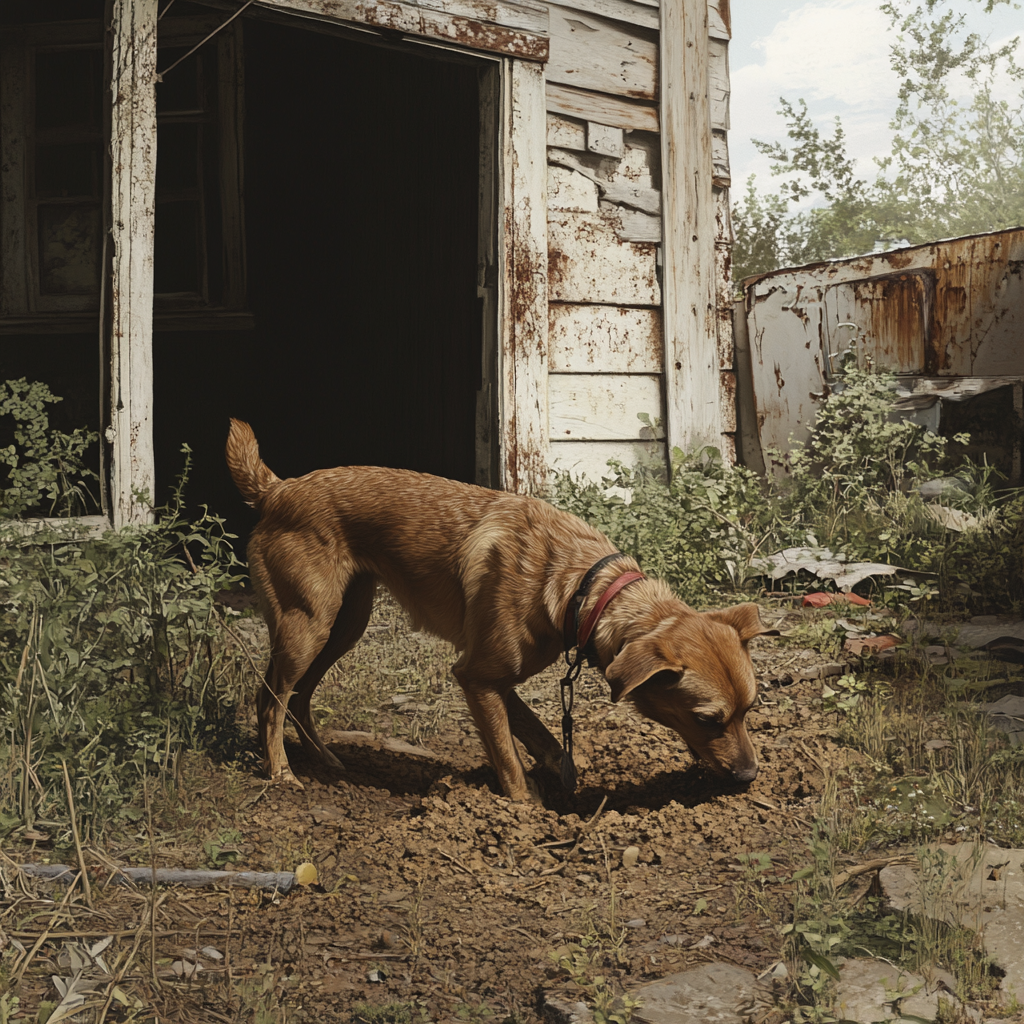 Un perro escarbando fuera de una casa abandonada | Fuente: Midjourney