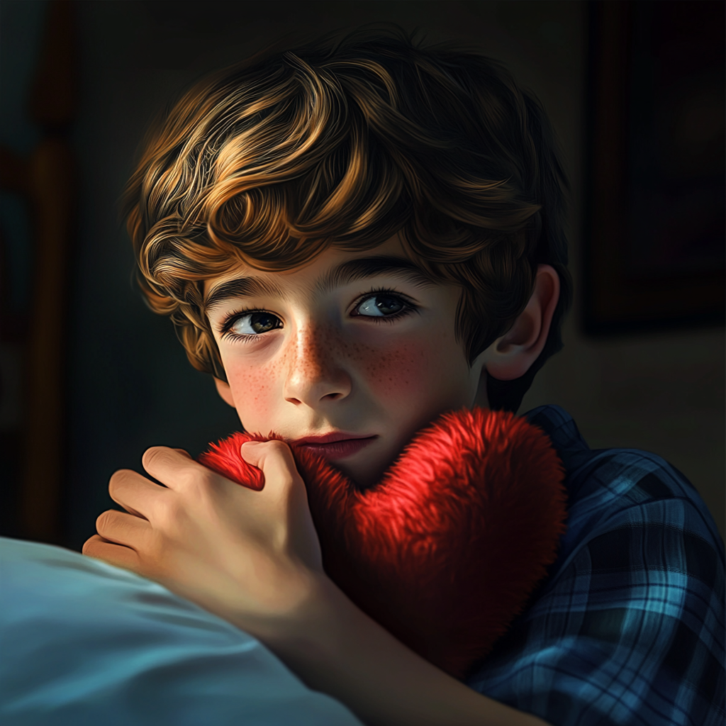 Un niño triste agarrado a una almohada con forma de corazón | Fuente: Midjourney