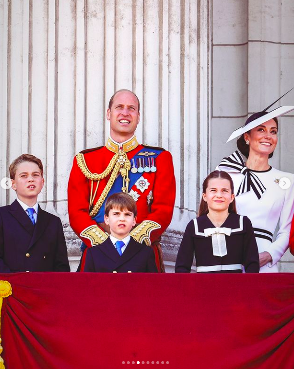 El príncipe George, el príncipe William, el príncipe Louis, la princesa Charlotte y Kate Middleton durante el Trooping the Color, publicado el 16 de junio de 2024 | Fuente: Instagram/princeandprincessofwales