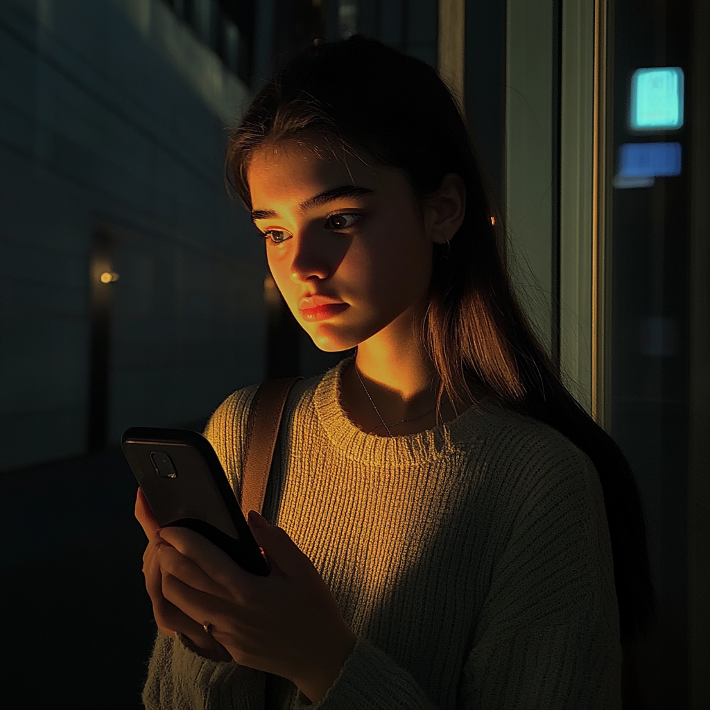 Una adolescente sujetando su teléfono | Fuente: Midjourney