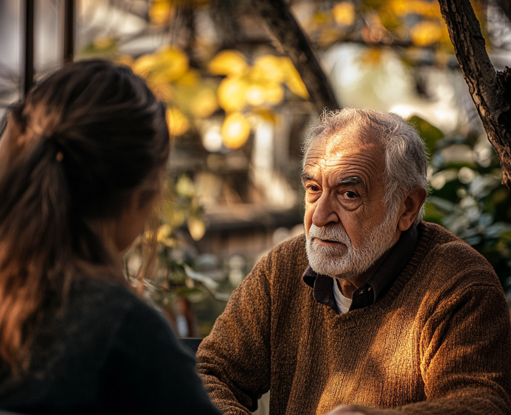 Una mujer joven y un hombre mayor manteniendo una conversación | Fuente: Midjourney