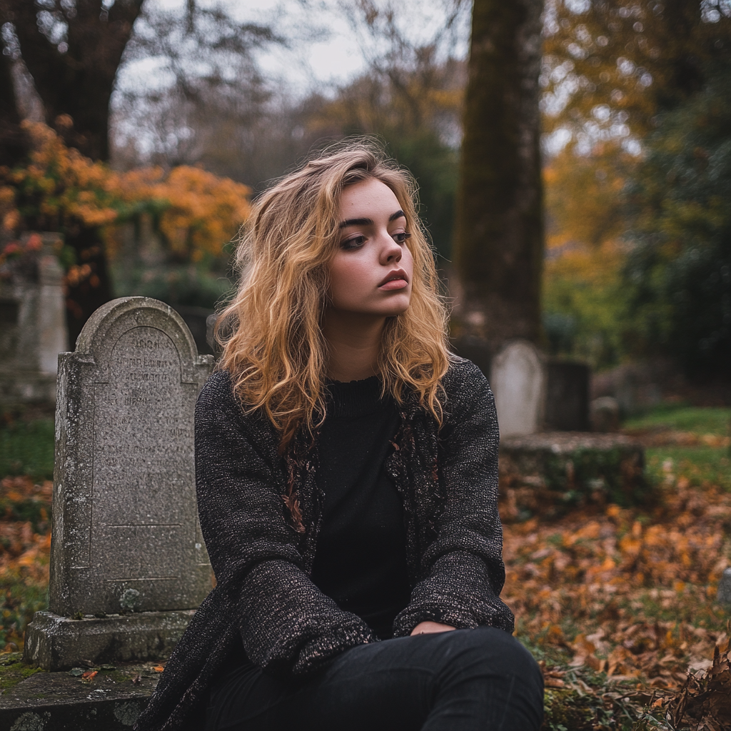 Una mujer sumida en sus pensamientos en un cementerio | Fuente: Midjourney