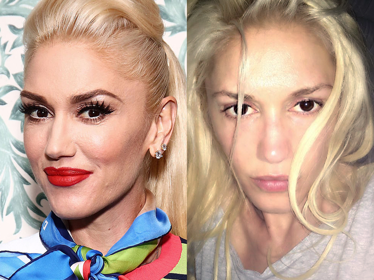 Gwen Stefani con maquillaje vs sin maquillaje | Fuente: Getty Images | Instagram/gwenstefani