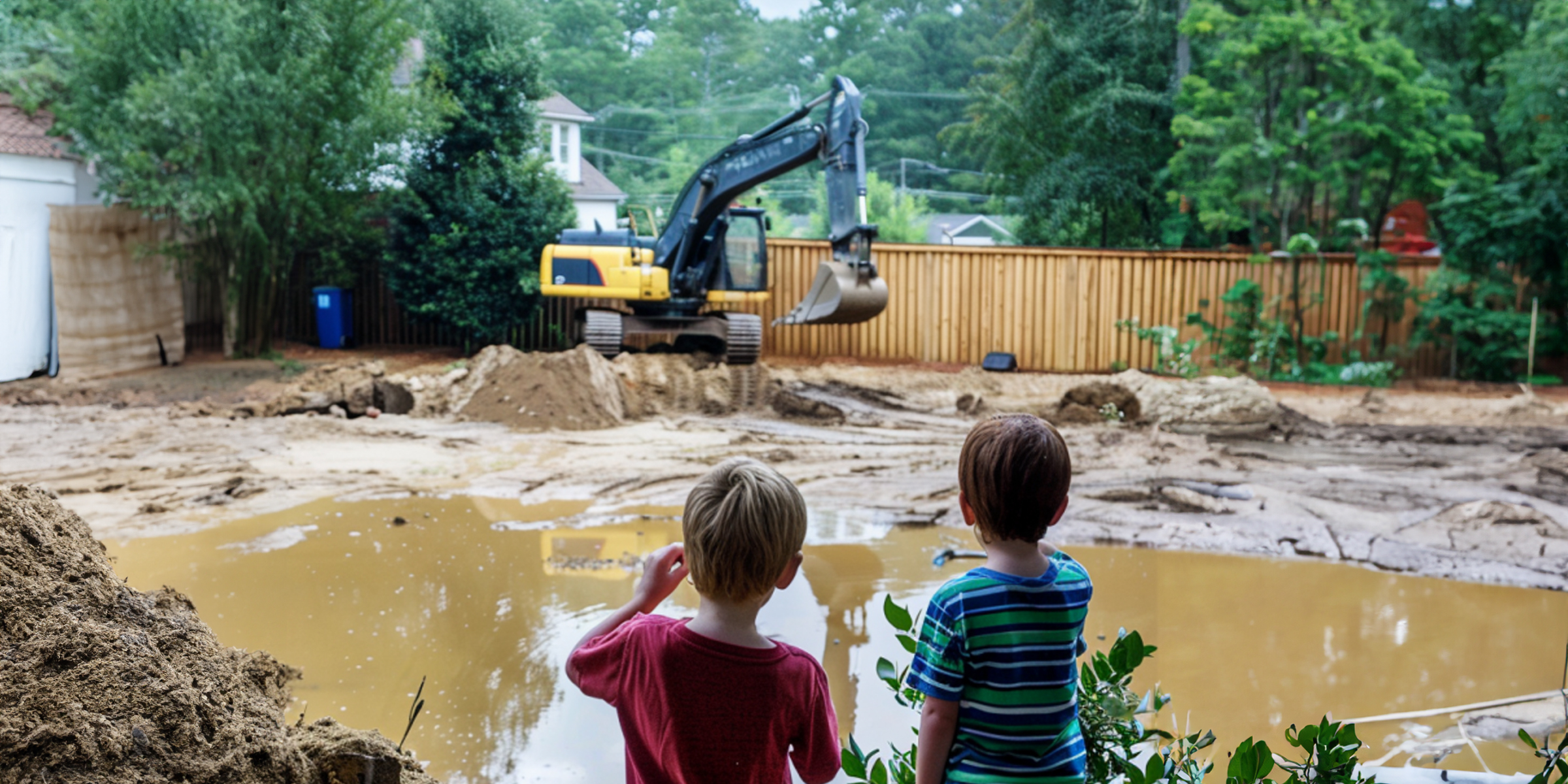 Dos niños mirando una excavadora en su patio trasero | Fuente: AmoMama