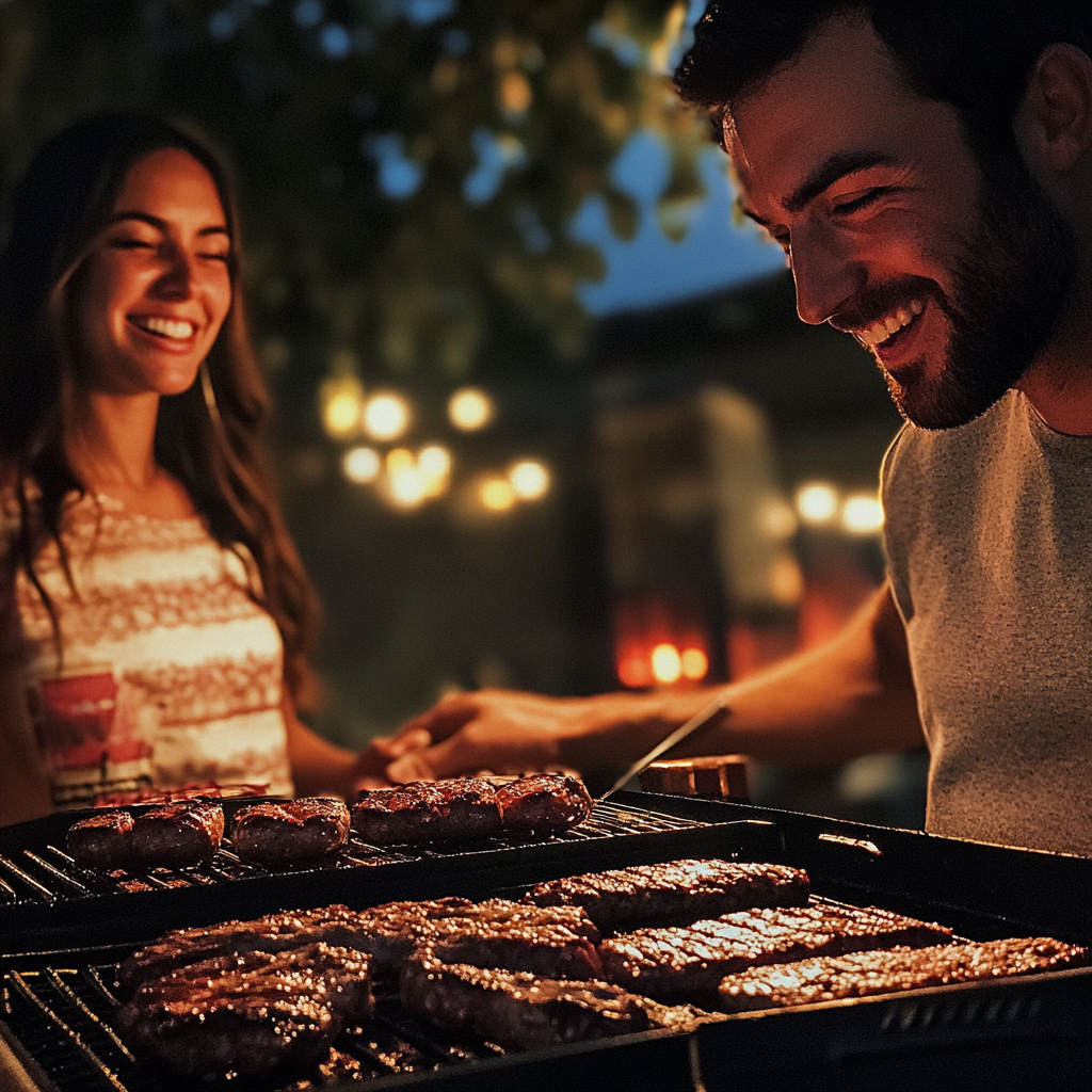 Una pareja sonriente asando carne | Fuente: Midjourney