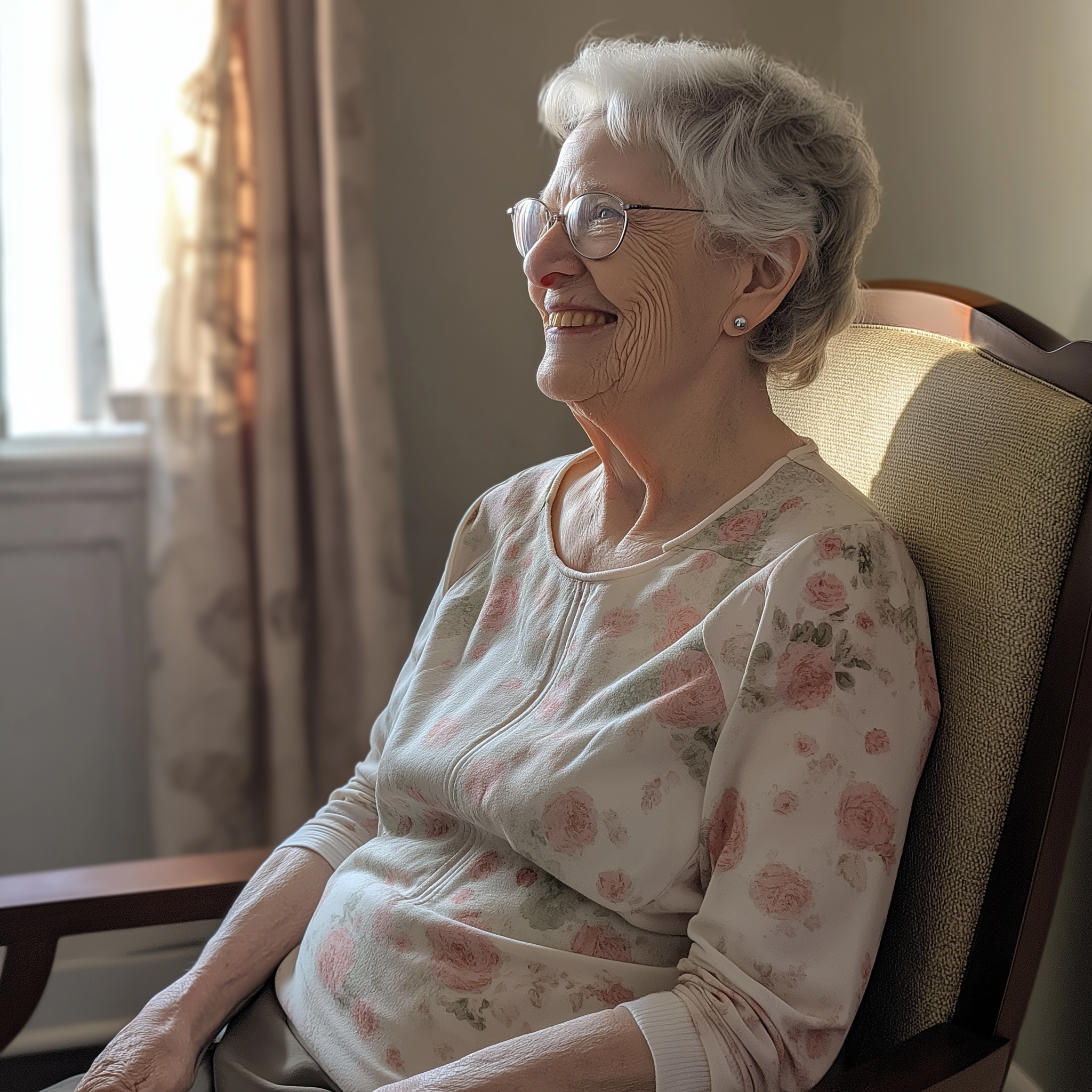 Una mujer mayor sonriente sentada en una silla | Fuente: Midjourney