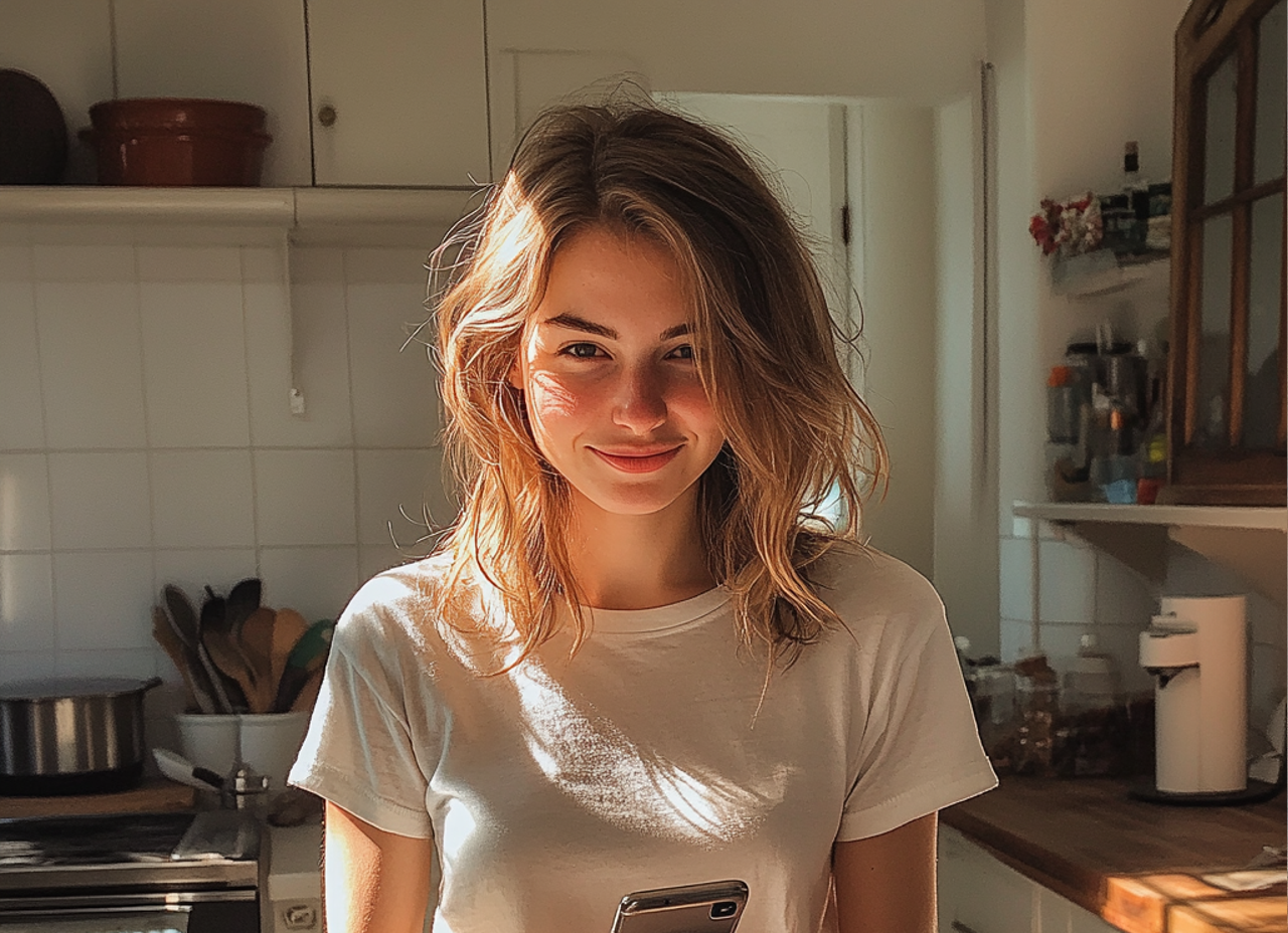 Una mujer sonriente de pie en una cocina | Fuente: Midjourney