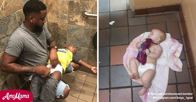 Papá se hace viral tras luchar por cambiar el pañal de su bebé en el piso del baño de los hombres