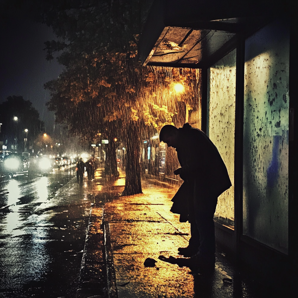 Un hombre encorvado bajo la lluvia | Fuente: Midjourney