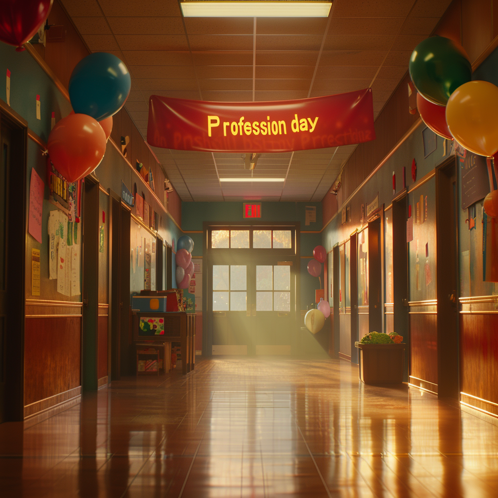 Un vibrante pasillo escolar en el Día de la Profesión | Fuente: Midjourney