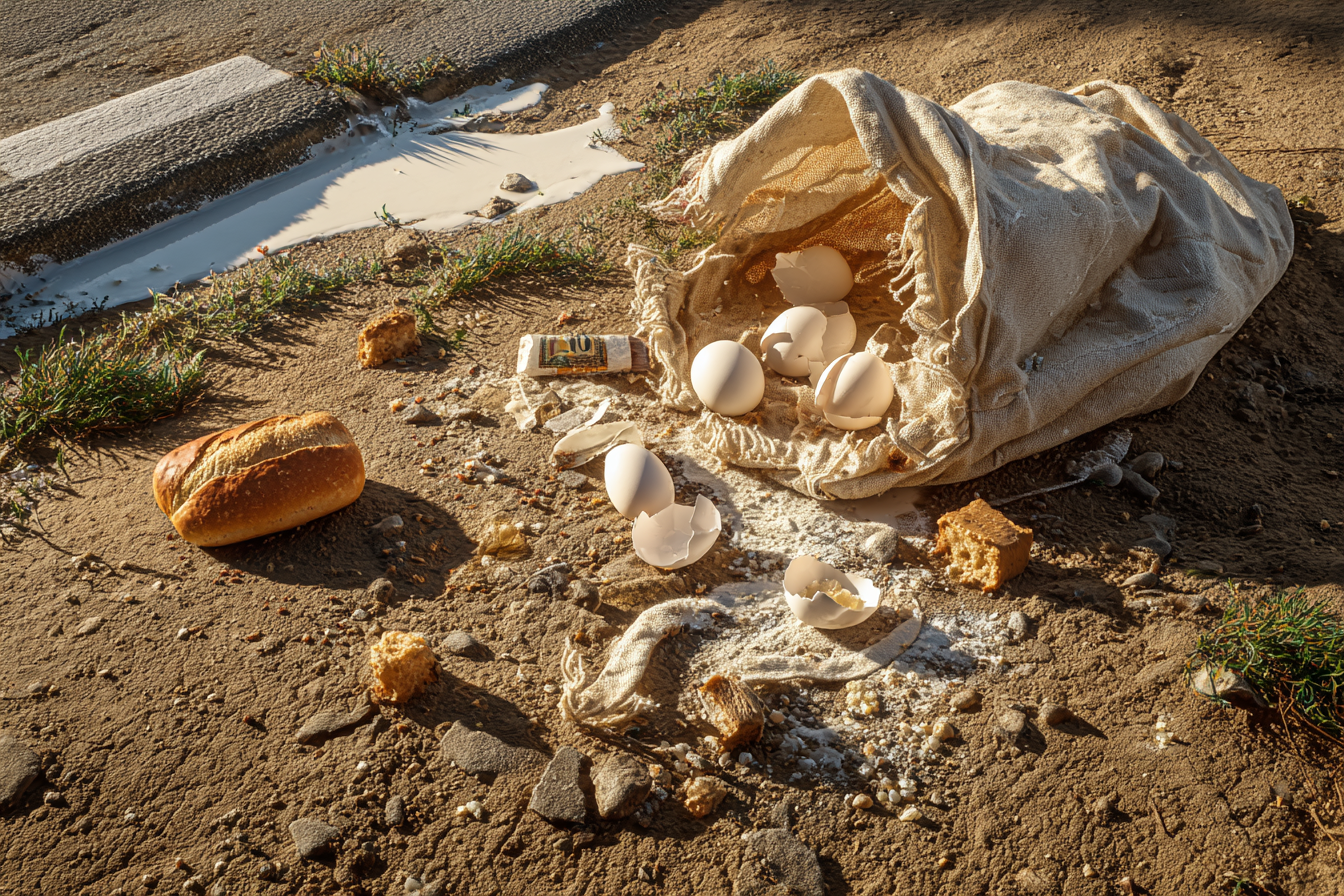 Una bolsa rota con su contenido derramado | Fuente: Midjourney