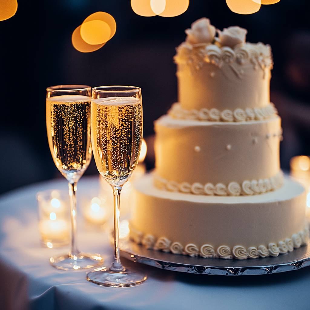 Copas de champán junto a un pastel de boda | Fuente: Midjourney