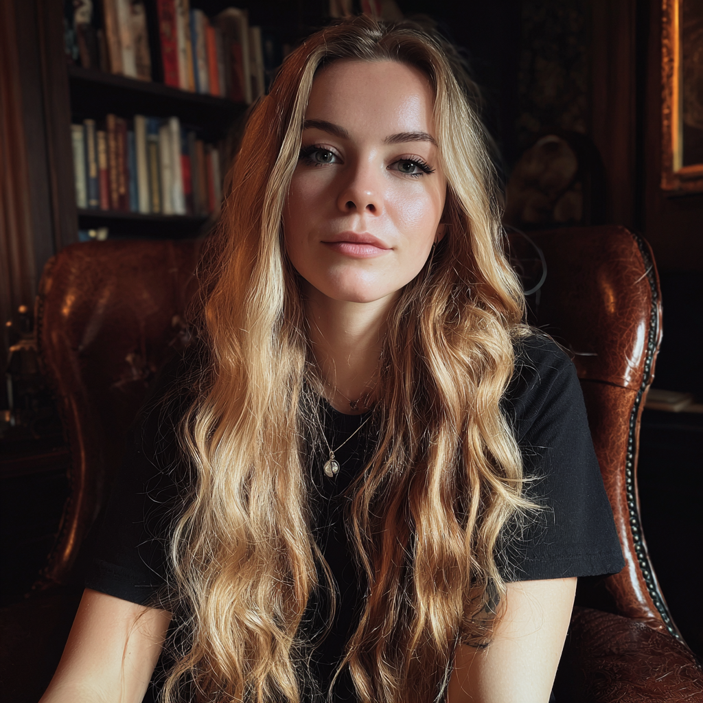 Una donna seduta in una poltrona di pelle | Fonte: Midjourney