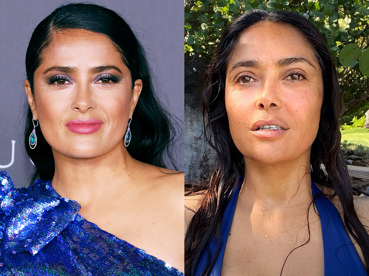 Salma Hayek con maquillaje vs sin maquillaje | Fuente: Getty Images | Instagram/salmahayek