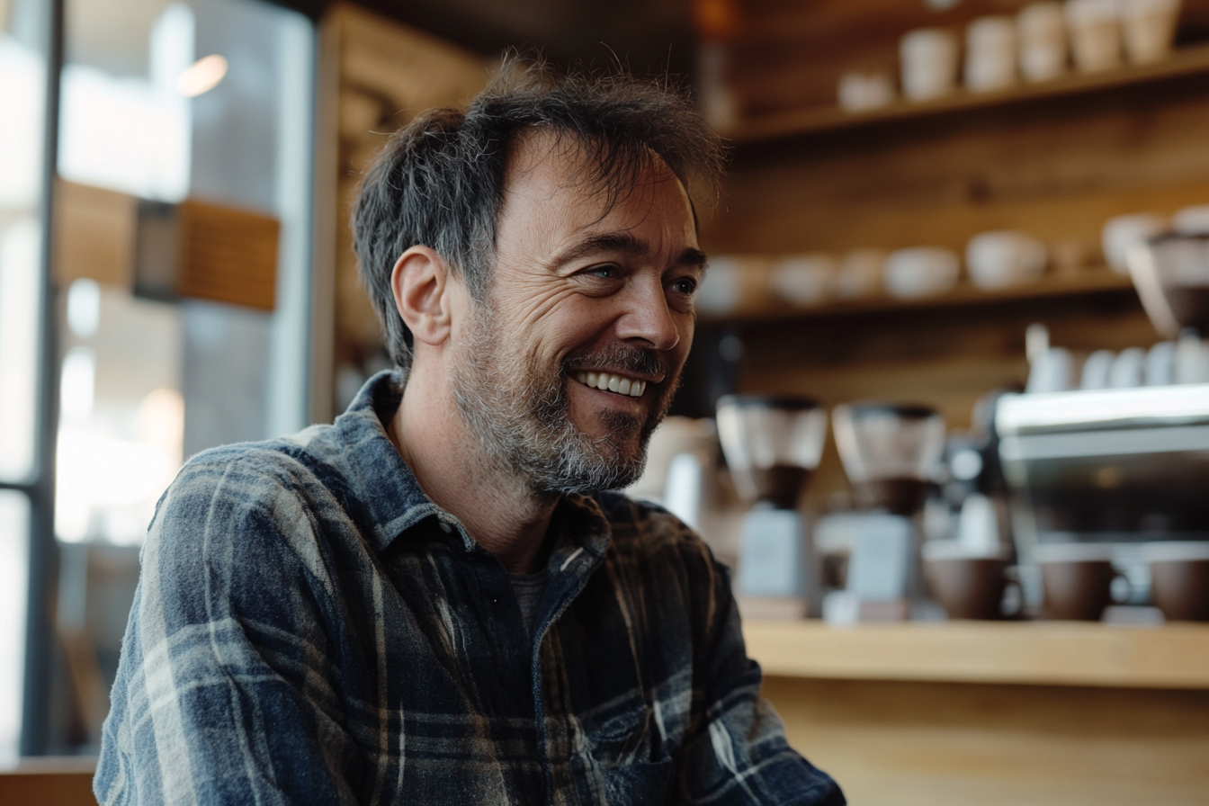 Un hombre sonriendo en una cafetería | Fuente: Midjourney