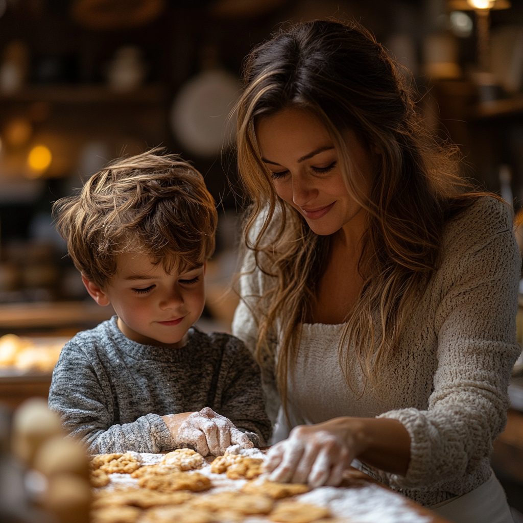 Mujer y niño horneando galletas juntos | Fuente: Midjourney