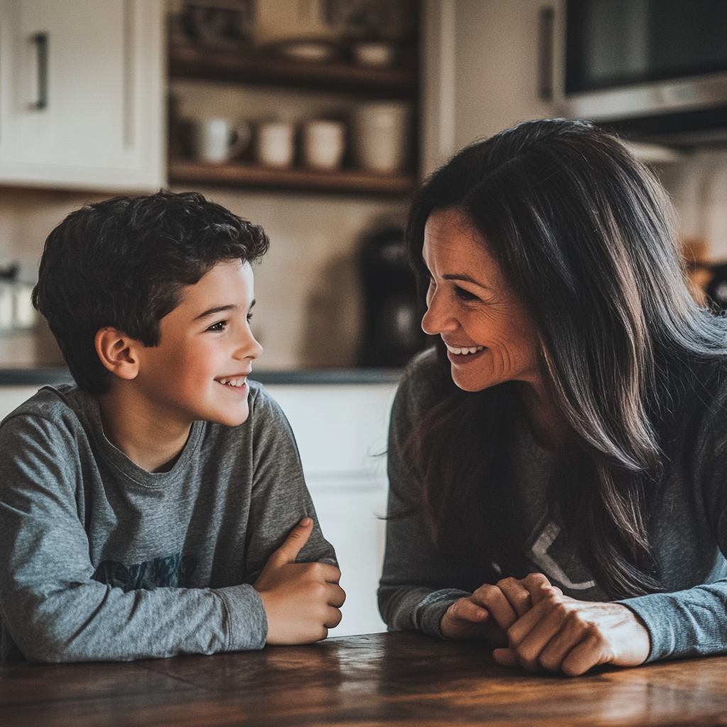 Una mujer hablando con su hijo en su cocina | Fuente: Midjourney