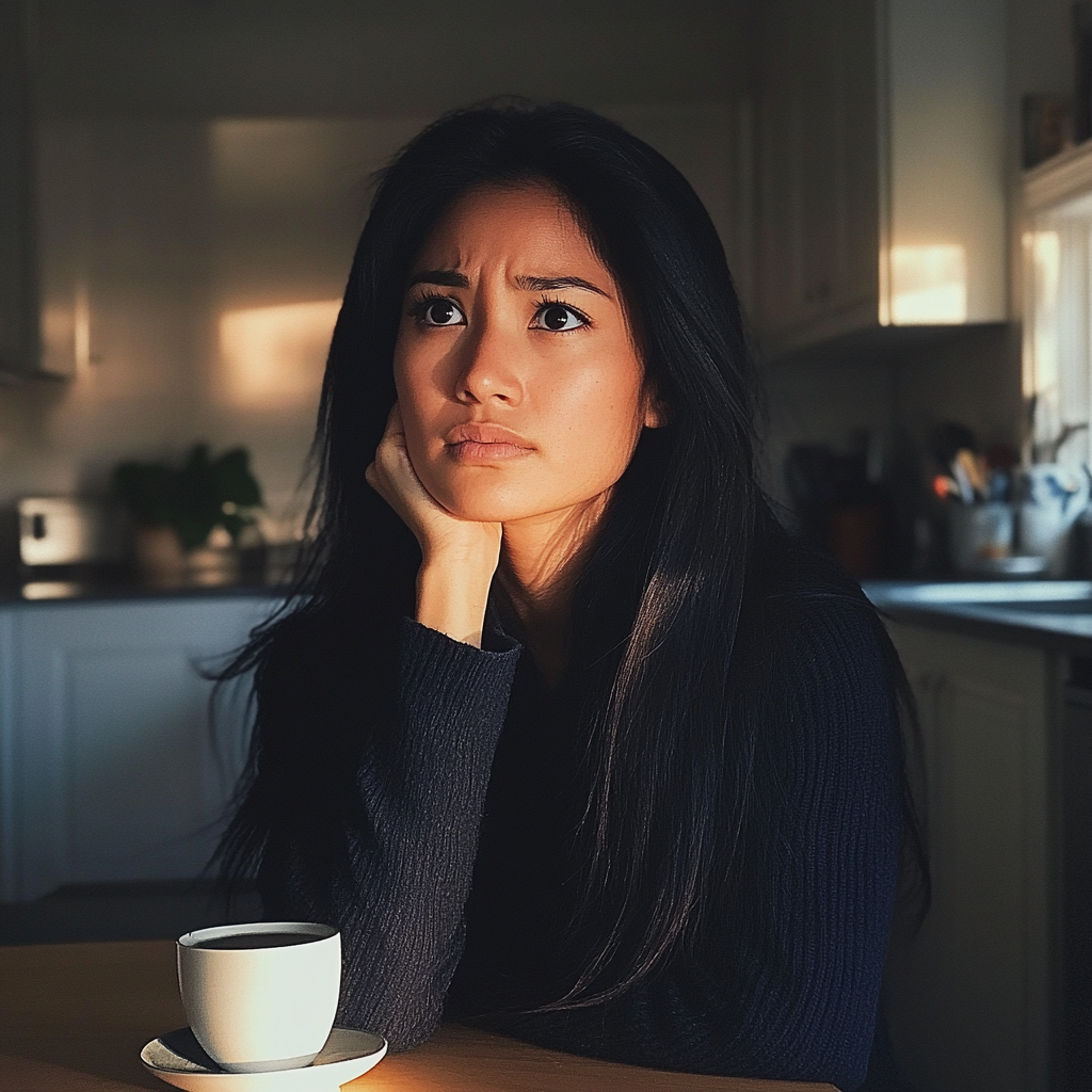 Una mujer sentada a la mesa de la cocina | Fuente: Midjourney