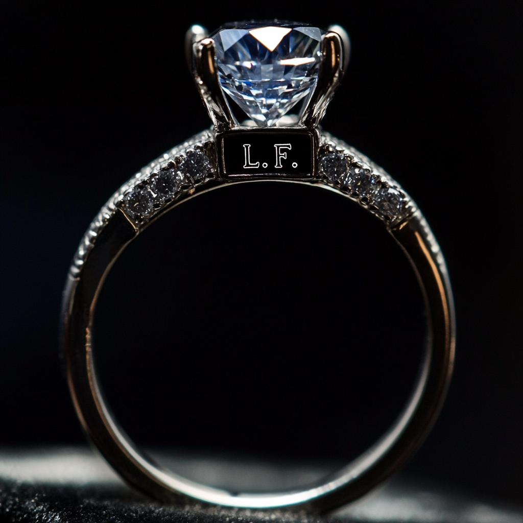 Anillo de diamantes con las letras "L.F." grabadas | Fuente: Midjourney