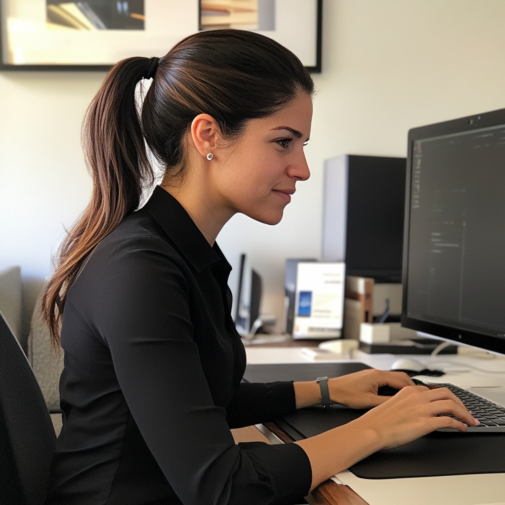 Una mujer sentada en su escritorio y trabajando | Fuente: Midjourney