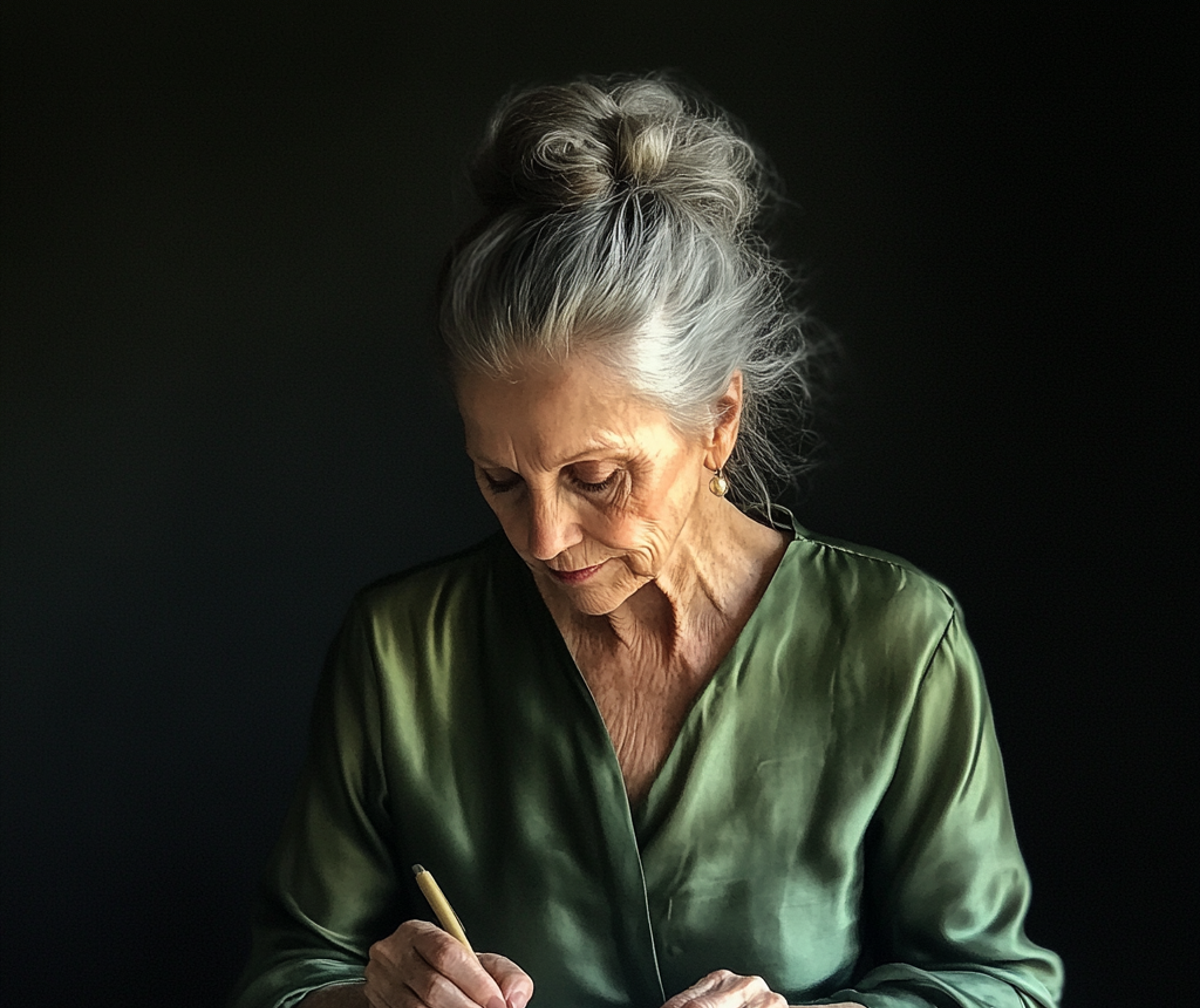 Una mujer mayor escribiendo una nota | Fuente: Midjourney