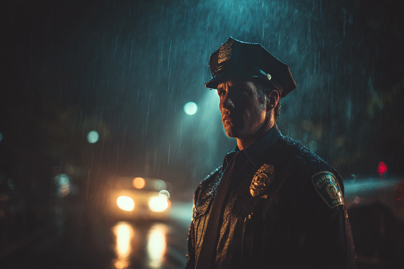 Un agente de policía bajo la lluvia | Fuente: Midjourney