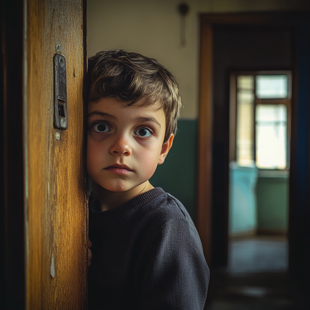 Un niño angustiado en la puerta de un pequeño apartamento | Fuente: Midjourney