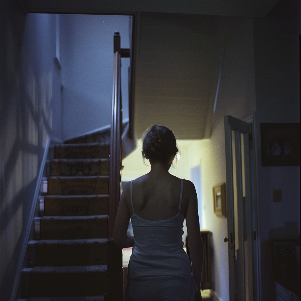 Una mujer caminando hacia la puerta de su casa | Fuente: Midjourney