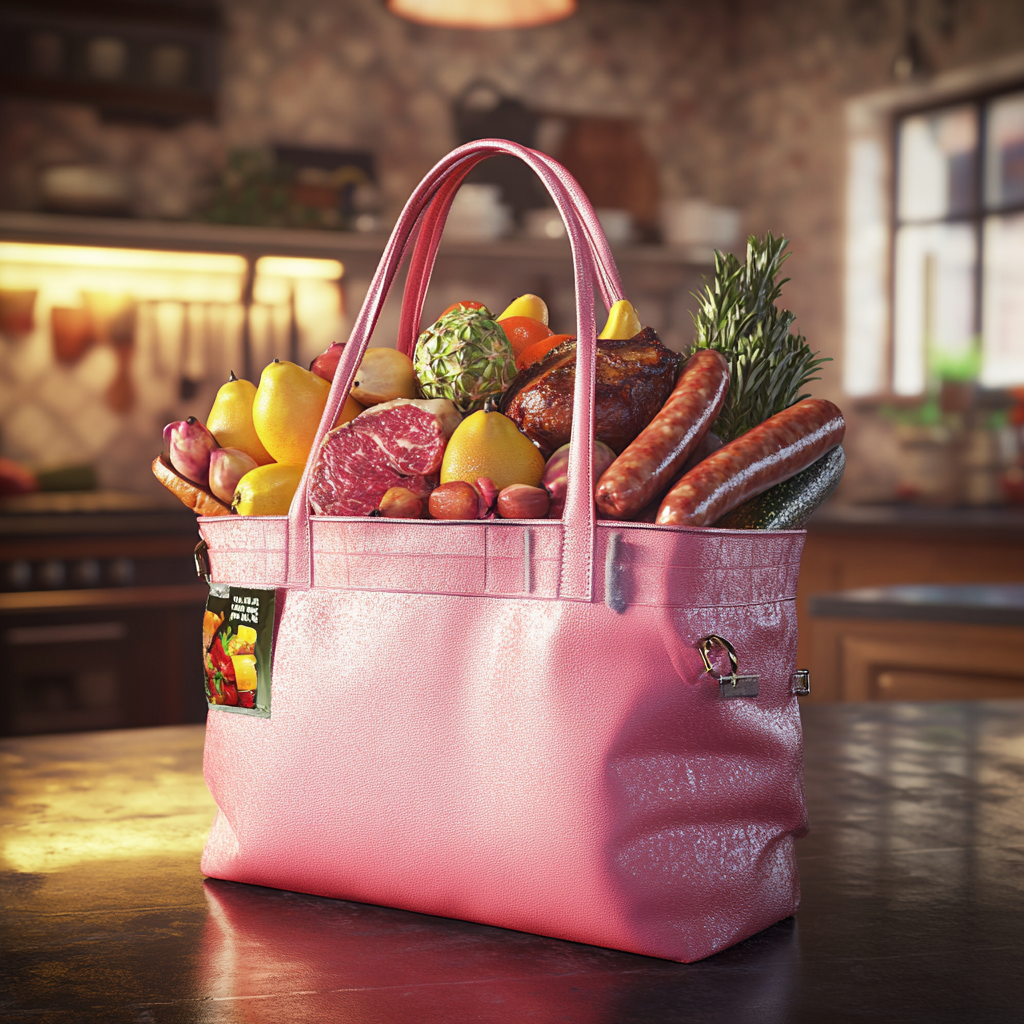 Una bolsa rosa cargada de alimentos | Fuente: Midjourney