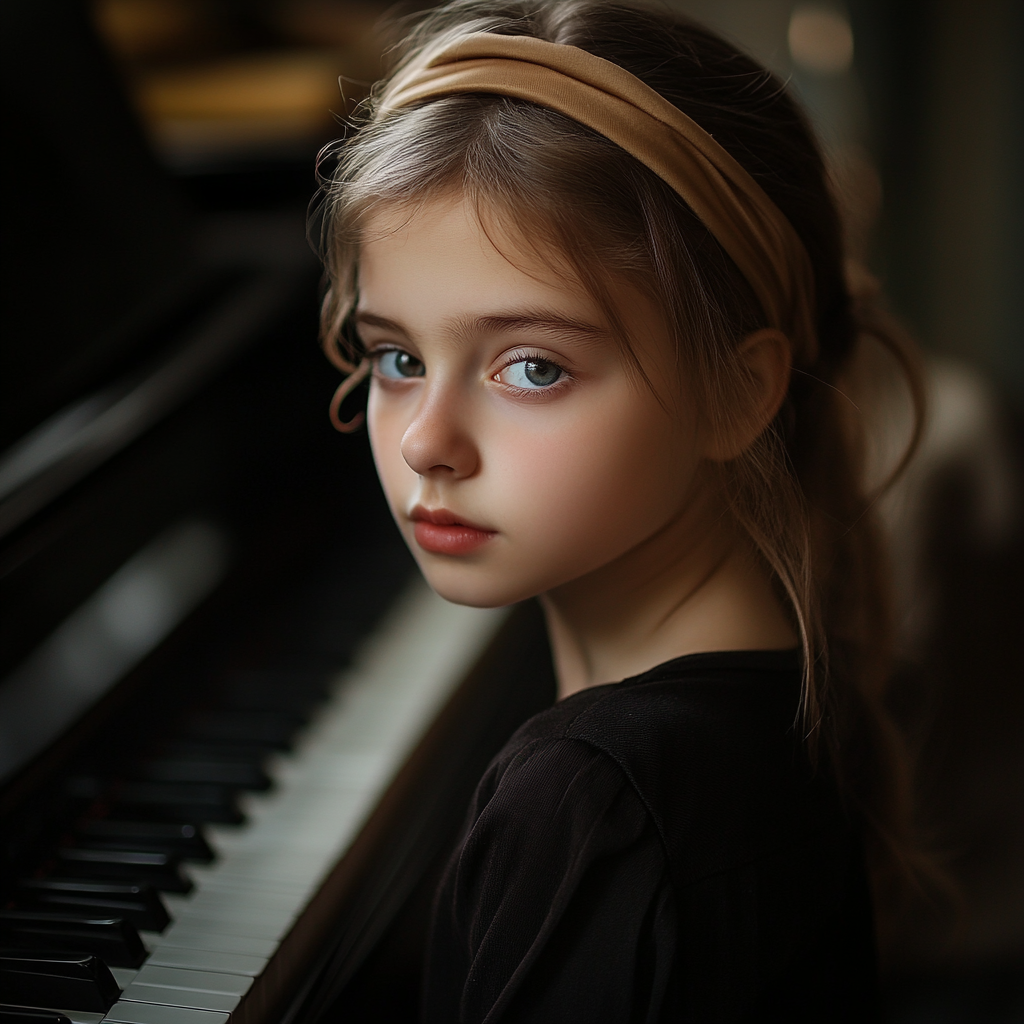 Una chica seria delante de su piano | Fuente: Midjourney