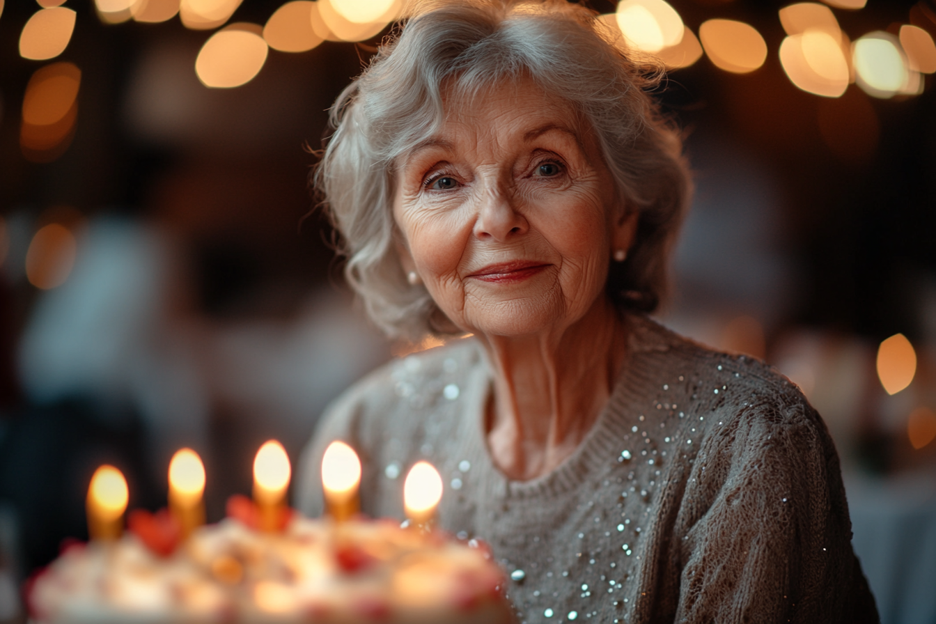 Una anciana sonriente cerca de un pastel de cumpleaños adornado con velas brillantes | Fuente: Midjourney