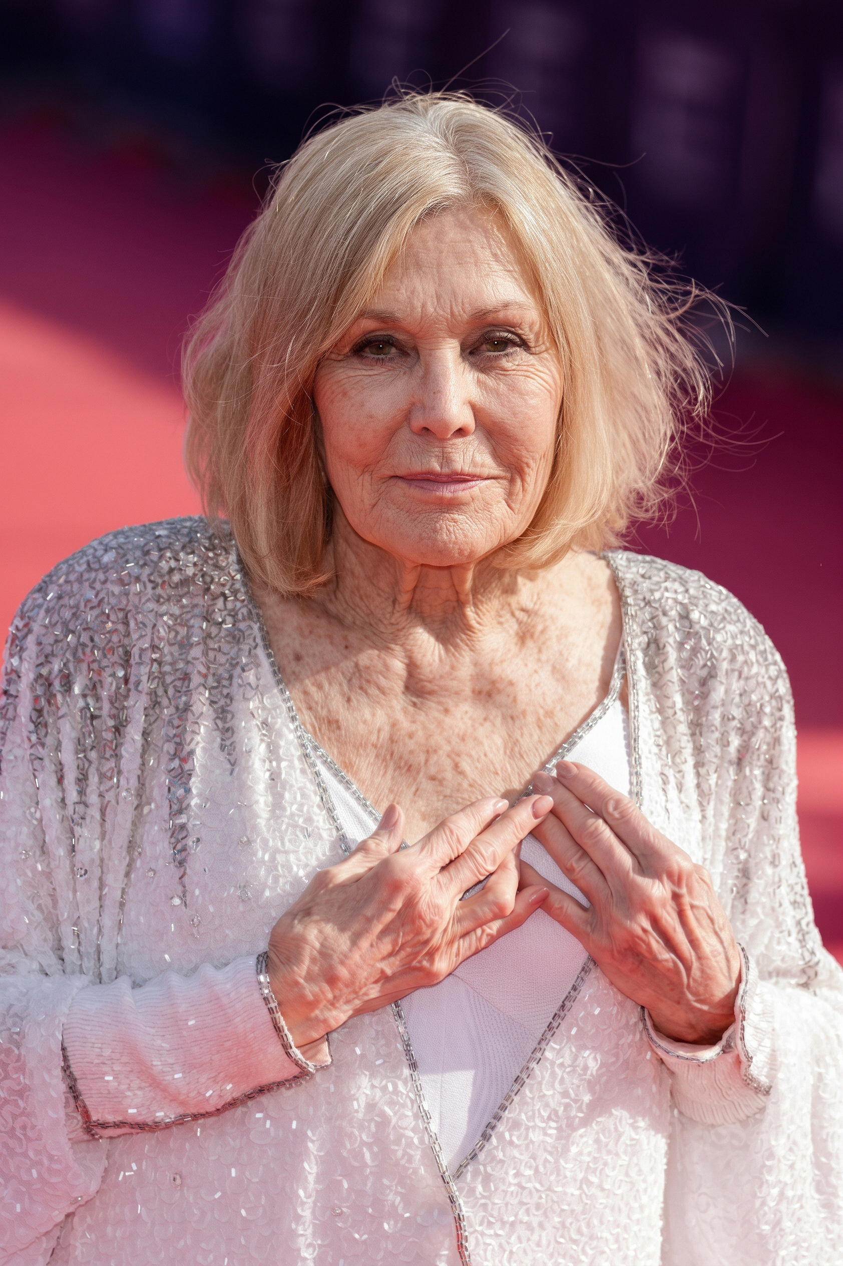Kim Novak mira a la cámara con una chaqueta plateada brillante con el cuello blanco, y su corte de pelo rubio queda suavemente iluminado por la cálida luz rosa y morada que hay detrás de ella. | Fuente: Gemini