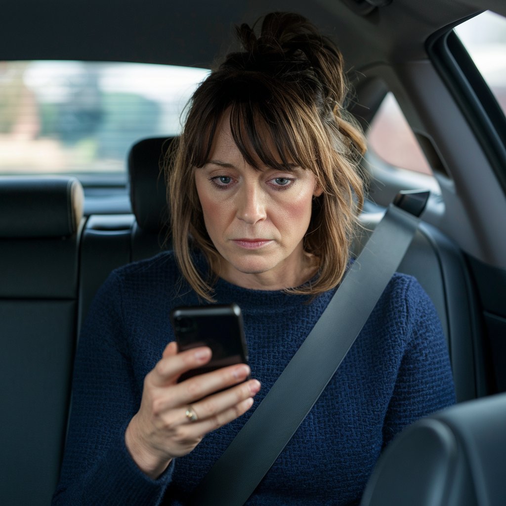 Una mujer en el asiento trasero de un vehículo, mirando su teléfono móvil | Fuente: Midjourney