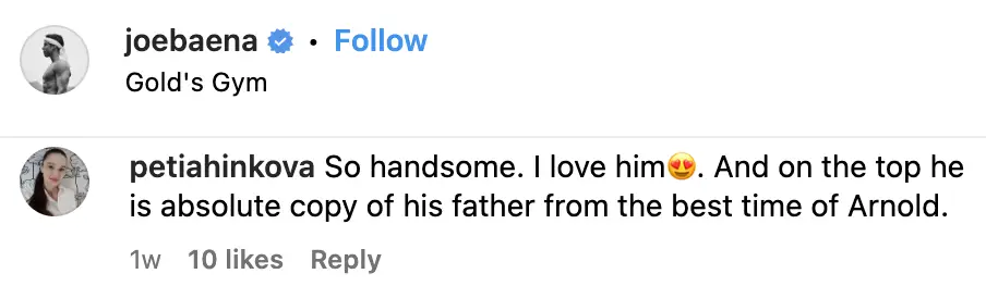 "Muy guapo. Lo amo 😍. Y lo que es más, es la absoluta copia de su padre en la mejor etapa de Arnold." | Comentario de un usuario en el post de Instagram de Joseph Baena | Foto: instagram.com/joebaena