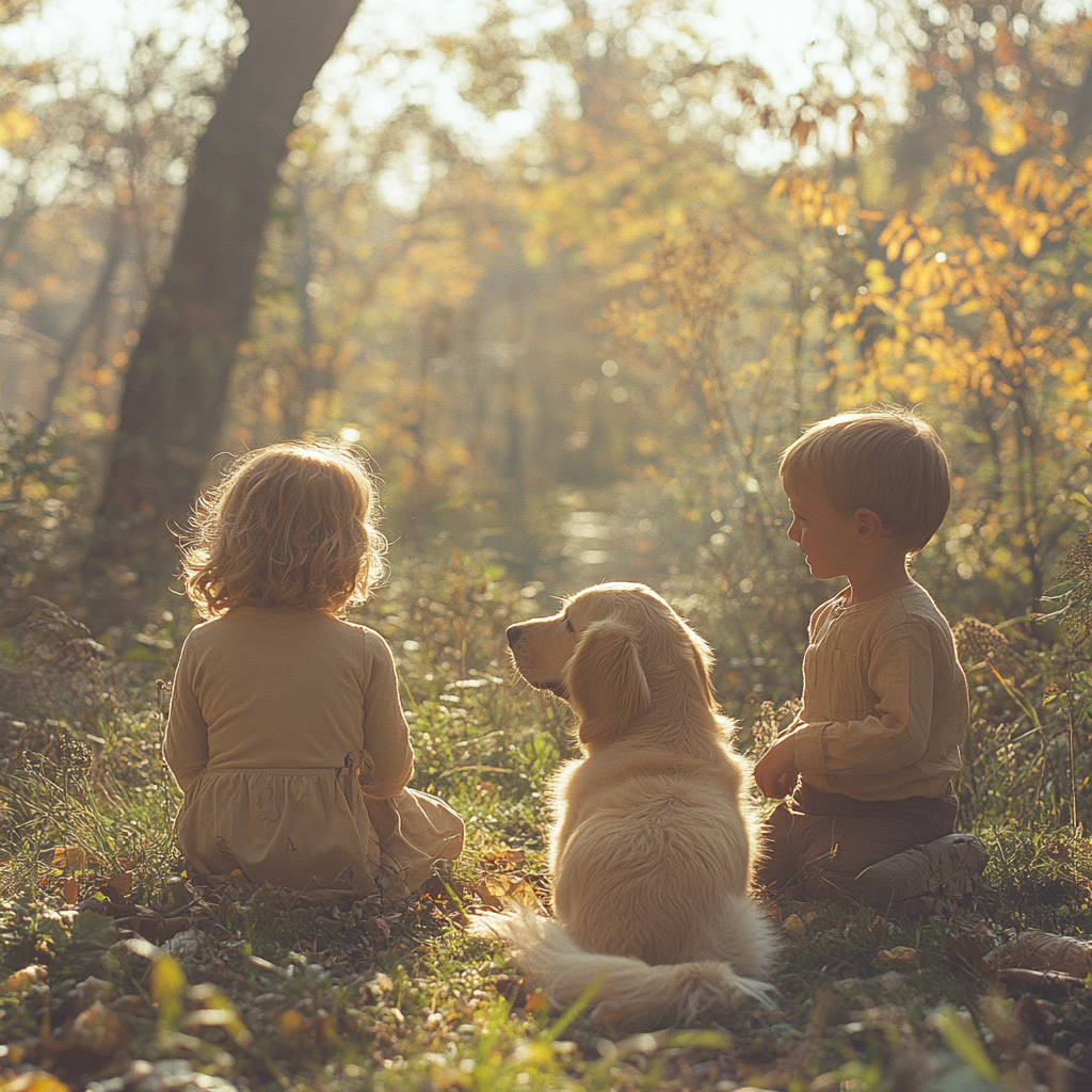 Dos niños jugando con su perro | Fuente: Midjourney