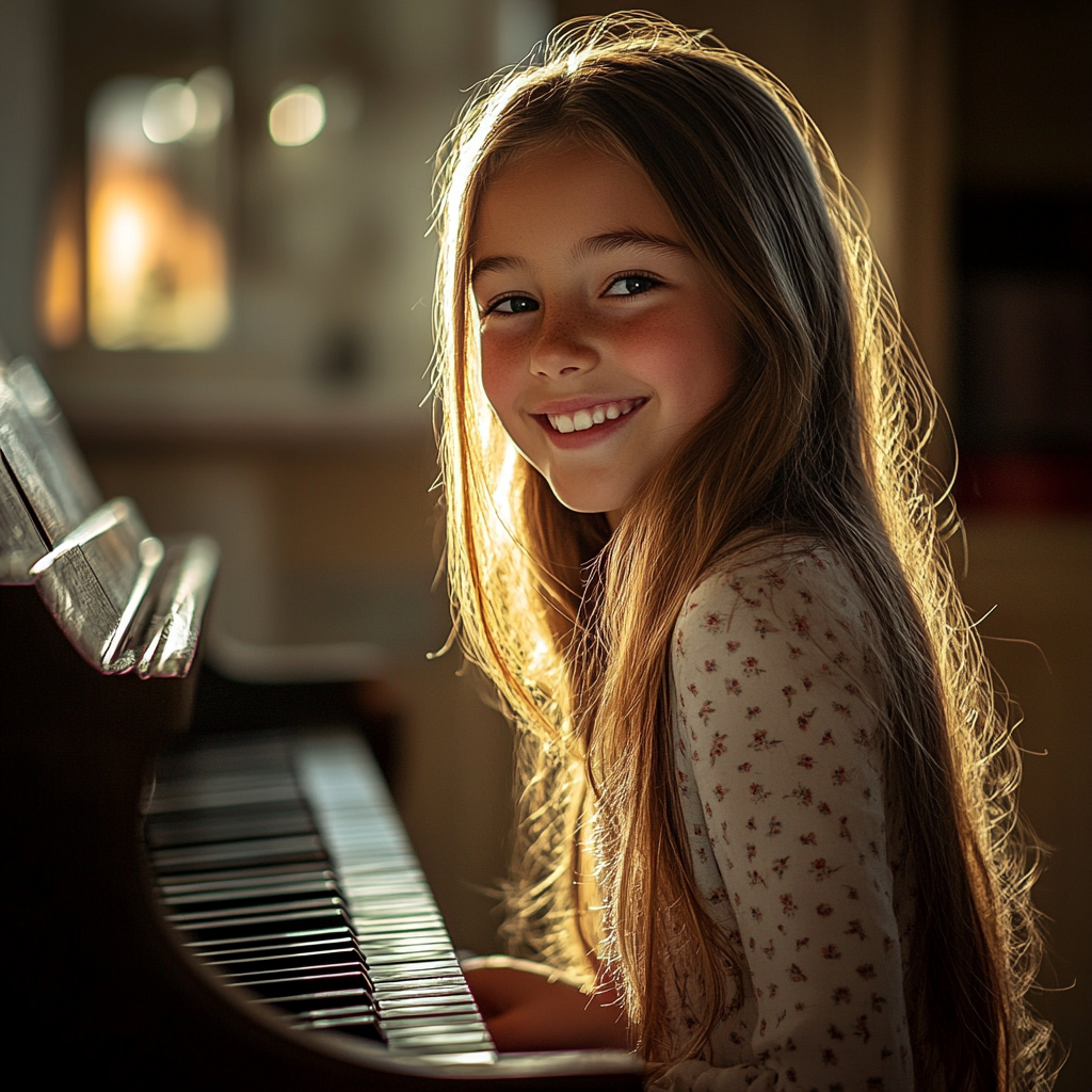 Una niña feliz sentada al piano | Fuente: Midjourney