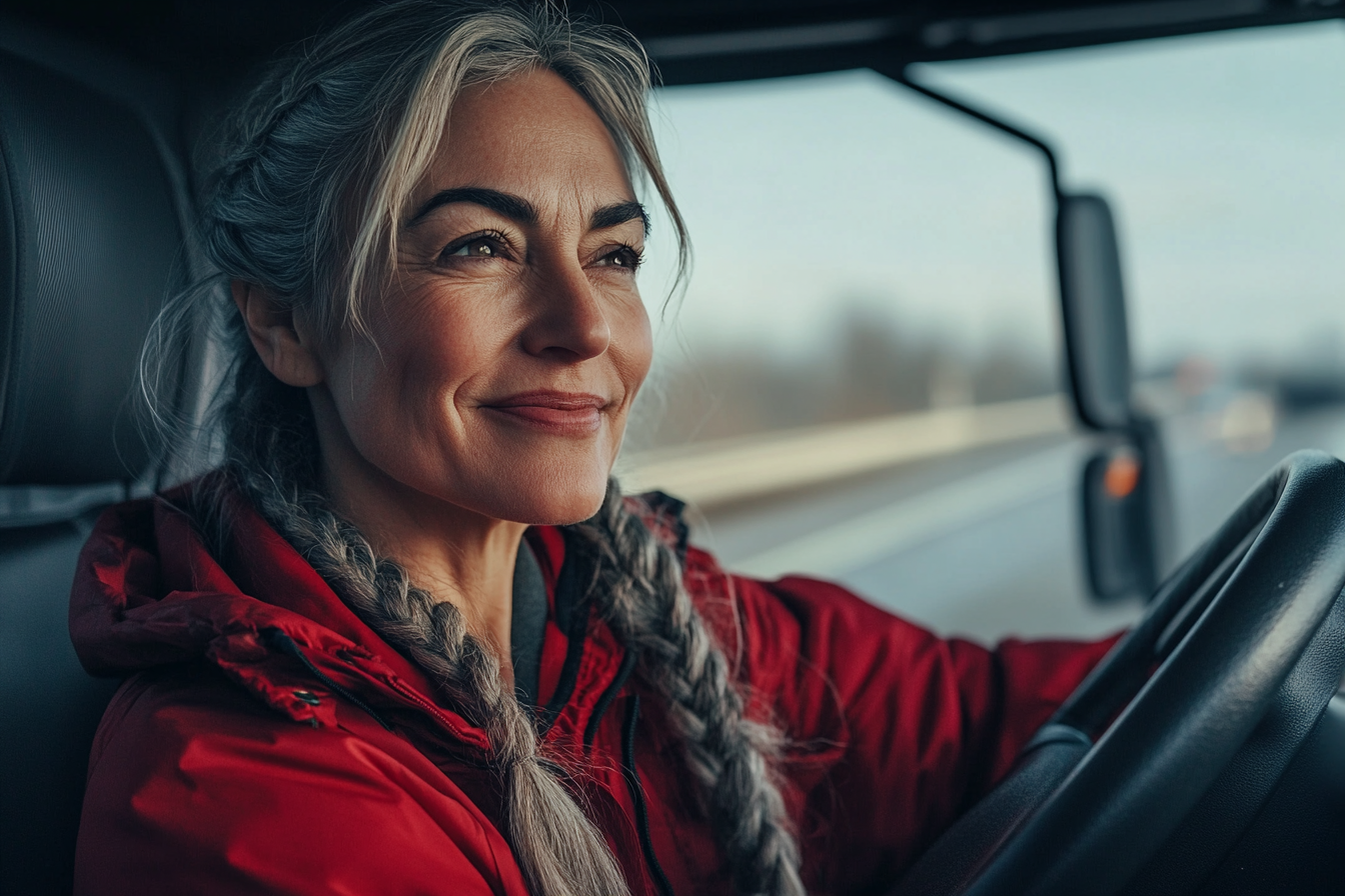 Mujer de unos 40 años con chaqueta roja y una sonrisa conduciendo un gran camión | Fuente: Midjourney