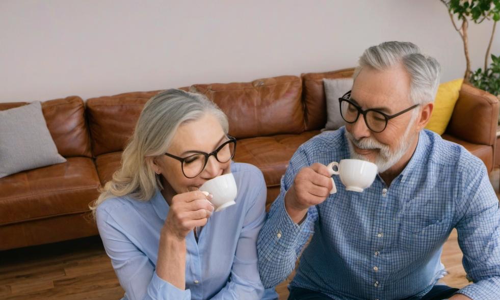 Hans y Greta tomando el té en su acogedor apartamento de nueva construcción | Fuente: Midjourney