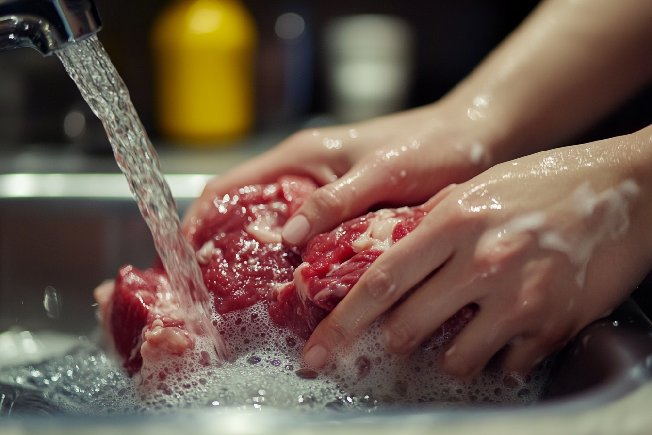 Una mujer enjuagando carne en el fregadero de la cocina | Fuente: Midjourney