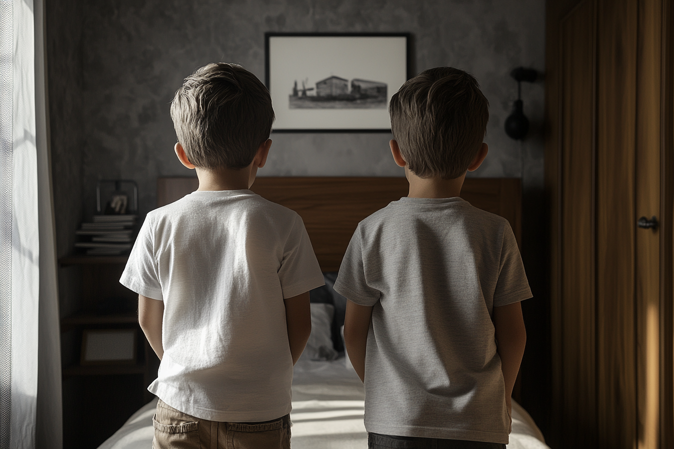 Dos niños de pie en su habitación | Fuente: Midjourney